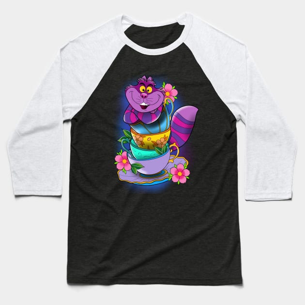 Tea time with Cheshire Cat! Baseball T-Shirt by Jurassic Ink